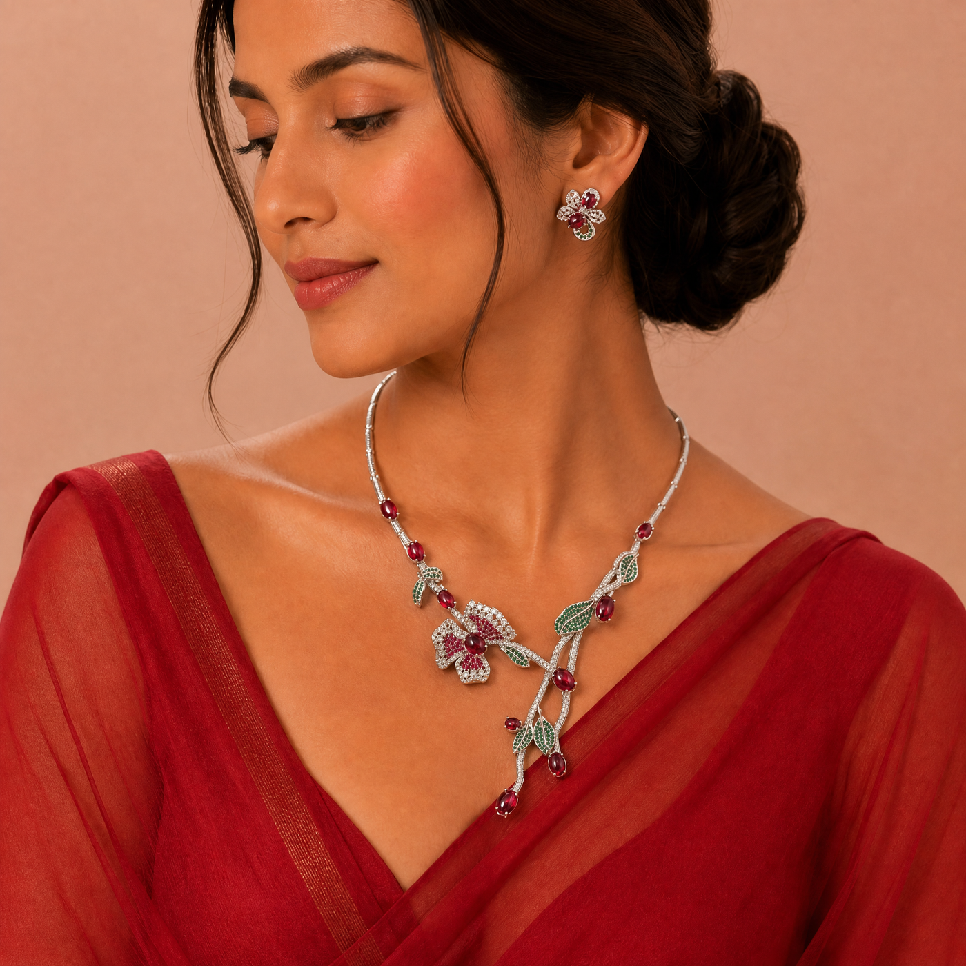 Crimson Bloom Luxe AD Necklace Set - View 1