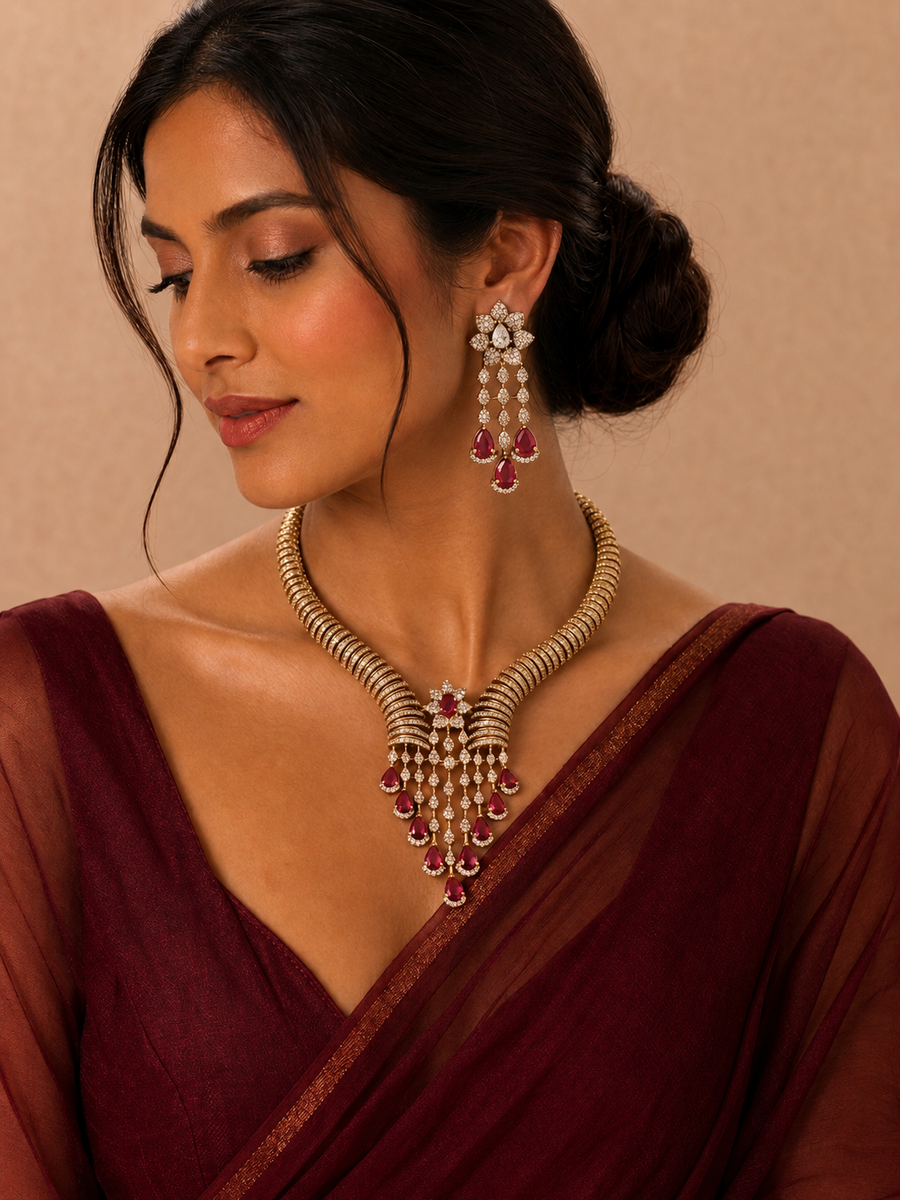 Ruby Red American Diamond Necklace Set