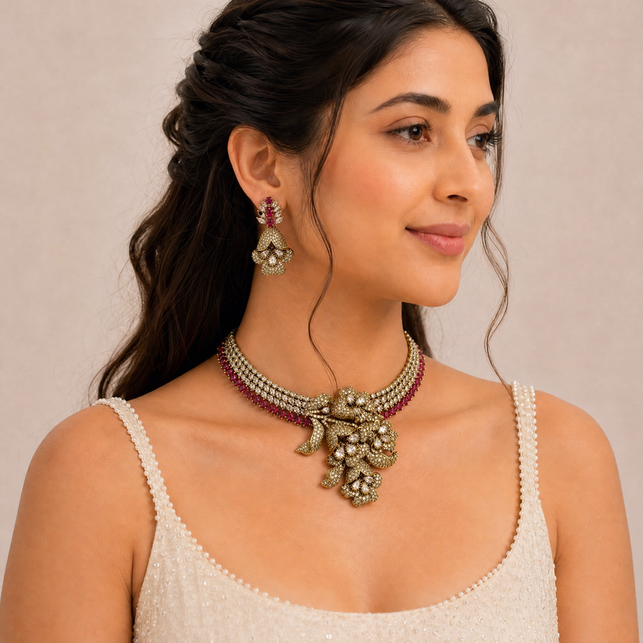 Ruby Bloom American Diamond Necklace Set
