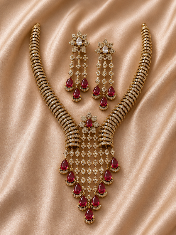Ruby Red American Diamond Necklace Set - View 5