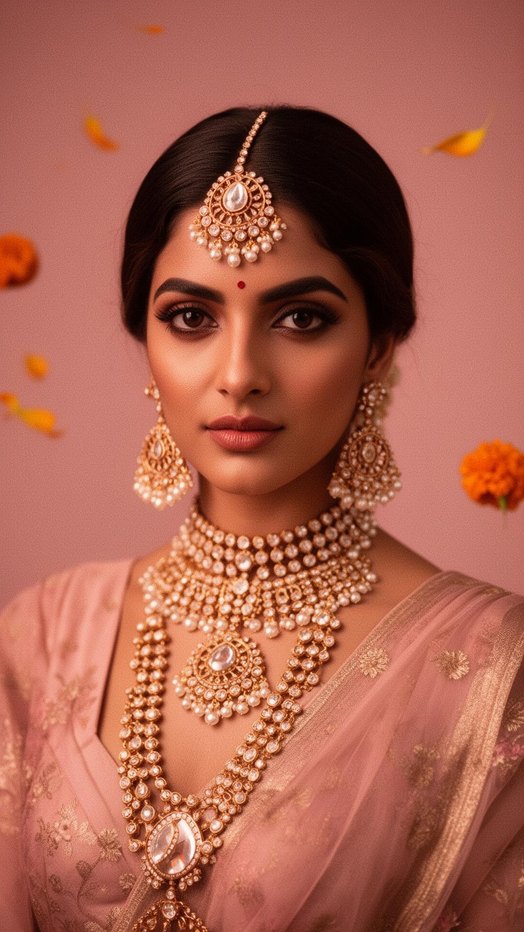 Model wearing rose gold bridal jewellery from VrindaAddons